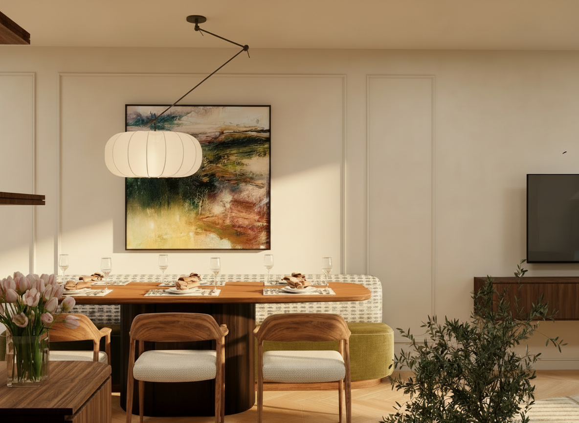 The exact same dining room interior as in the current image (url: https://leeisabelinteriors.nl/wp-content/uploads/2026/08/lee-isabel-interiors-6a7ed3b84cc27.png), but with slightly reduced overexposure while keeping the beautiful natural side lighting. The light still streams in warmly from the side creating that airy, daylight feel — just toned down a touch so the whites aren't blown out and more detail is visible in the brighter areas. Keep everything else completely identical: same furniture, same composition, same colors, same angles, same styling, same warm natural atmosphere.