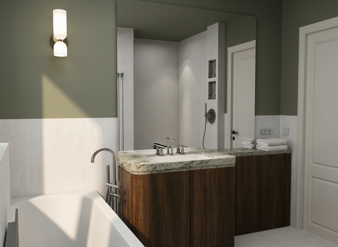 The exact same bathroom interior as this image: https://leeisabelinteriors.nl/wp-content/uploads/2026/08/ChatGPT-Image-13-aug-2026-20_29_40-1.png — but with the wall color changed from blue to LAB Paint "Smoking Grass" (no. 23), which is a deep, muted, smoky sage-green/dark green-grey color (approximately #5B6B5A, a dark earthy green with grey undertones, slightly dusty). The ceiling must also be painted in the exact same Smoking Grass color. Keep absolutely everything else identical: the same bathroom furniture, fixtures, tiles, towels, lighting, composition, angle, styling, and atmosphere. Only the wall color and ceiling color change — from blue to this deep smoky green-grey.